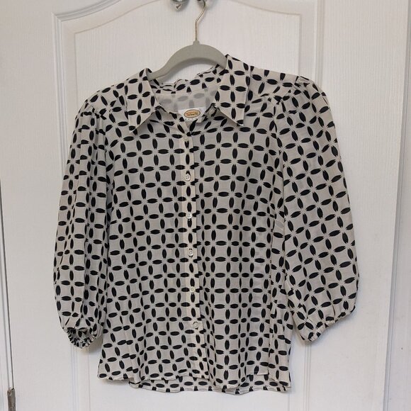 ​Cotton/Silk Puff Sleeve Talbot's Black & Ivory Coquette Collard Blouse - Picture 1 of 4